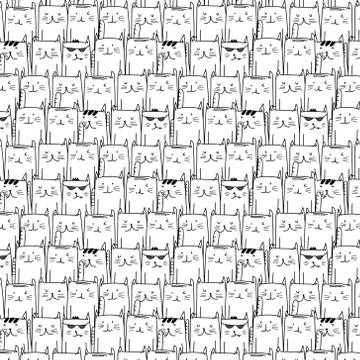 Hand Drawn Cute Cat Vector Pattern. Doodle art. Stock Illustration