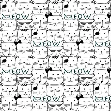 Hand Drawn Cute Cat Vector Pattern. Doodle art. Stock Illustration