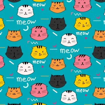Hand Drawn Cute Cat Vector Pattern. Doodle art. Stock Illustration