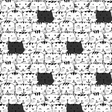 Hand Drawn Cute Cat Vector Pattern. Doodle art. Stock Illustration