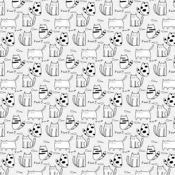 Hand Drawn Cute Cat Vector Pattern. Doodle art. Stock Illustration