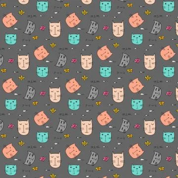 Hand Drawn Cute Cat Vector Pattern. Doodle art. Stock Illustration