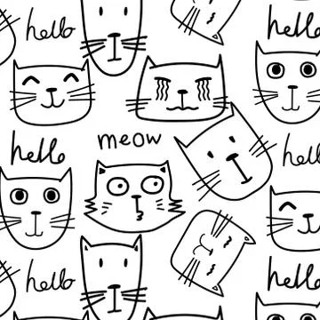 Hand Drawn Cute Cat Vector Pattern. Doodle art. Stock Illustration