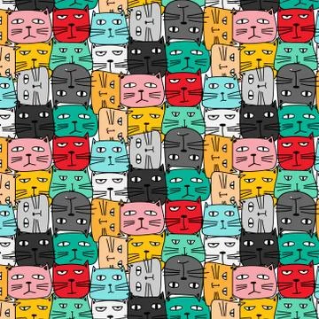 Hand Drawn Cute Cat Vector Pattern. Doodle art. Illustrazione stock