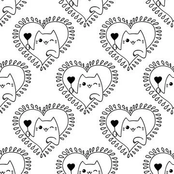 Hand drawn cute cats and hearts valentine day vector seamless pattern. Stock Illustration