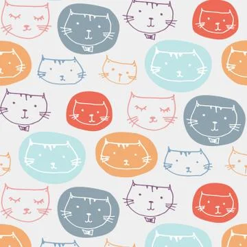 Hand Drawn Cute Cats Pattern Background. Vector Illustration. Stock Illustration