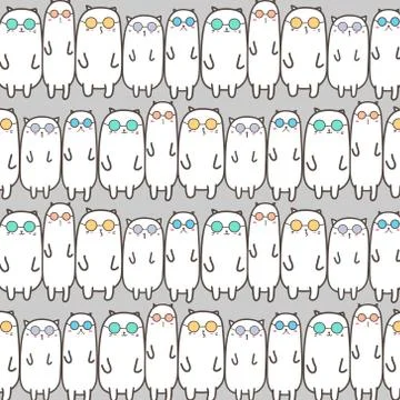 Hand Drawn Cute Cats Pattern Background. Vector Illustration. Stock Illustration
