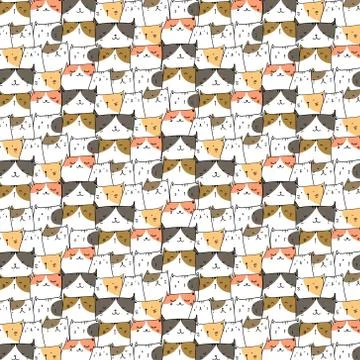 Hand Drawn Cute Cats Vector Pattern Background. Doodle Funny. Handmade Vector Stock Illustration