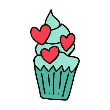 Hand drawn cute cupcake with mint frosting and red heart decorations, perfect Stock Illustration