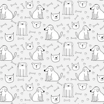 Hand Drawn Cute Dogs Pattern Background. Vector Illustration. Stock Illustration