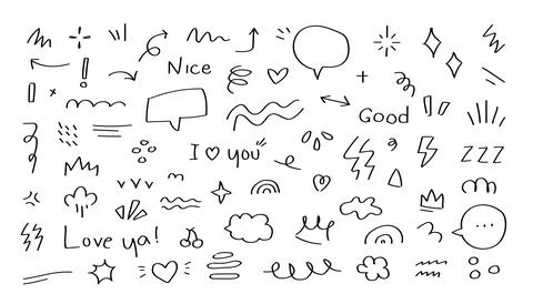 Hand drawn cute doodle elements set speech bubble arrow heart star sparkle Stock Illustration