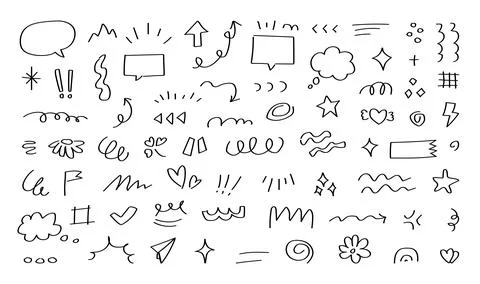 Hand drawn cute doodle elements set speech bubble arrow star heart scribble Stock Illustration