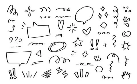 Hand drawn cute doodle elements set speech bubble heart star sparkle arrow Stock Illustration