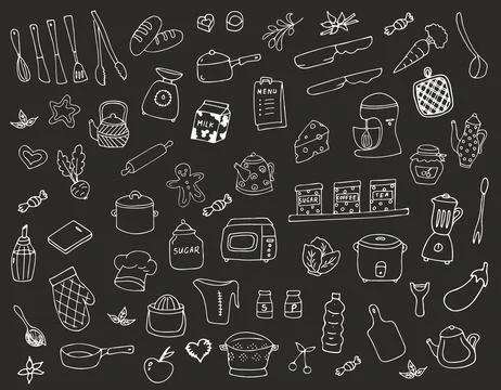 Hand-drawn cute doodle kitchen utensil set, isolated on black background Stock Illustration
