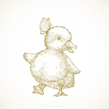 Hand Drawn Cute Easter Duckling Vector Illustration. Little Duck dancing with Stock Illustration