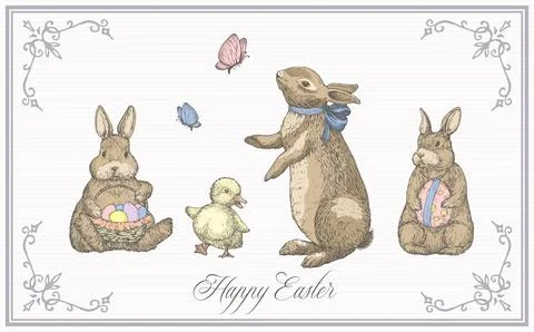 Hand Drawn Cute Easter Greetings Card Bunny Duckling and Butterfly Vector Stockillustratie