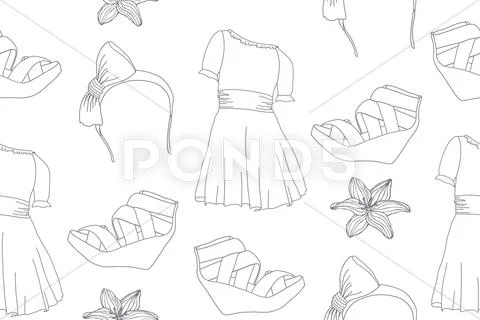 Hand drawn cute fashion seamless pattern with dresses, wedge sandals, headban Stock Illustration