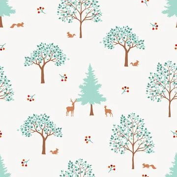Hand drawn cute forest seamless pattern,monotone green trees on white backgro Stock Illustration