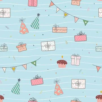 Hand drawn cute gift box seamless pattern on soft blue background Stock Illustration