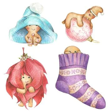 Hand drawn cute Gingerbread man characters in blue turquoise cap, hide in violet Illustrazione stock
