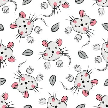 Hand drawn cute gray mouse and flowers pattern seamless. illustration stock Stock Illustration