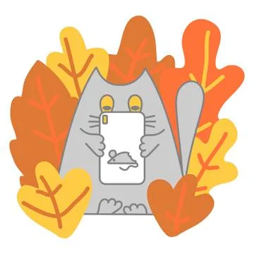 Hand drawn cute grey cat with phone among plants. Kitten character isolated on Stock Illustration