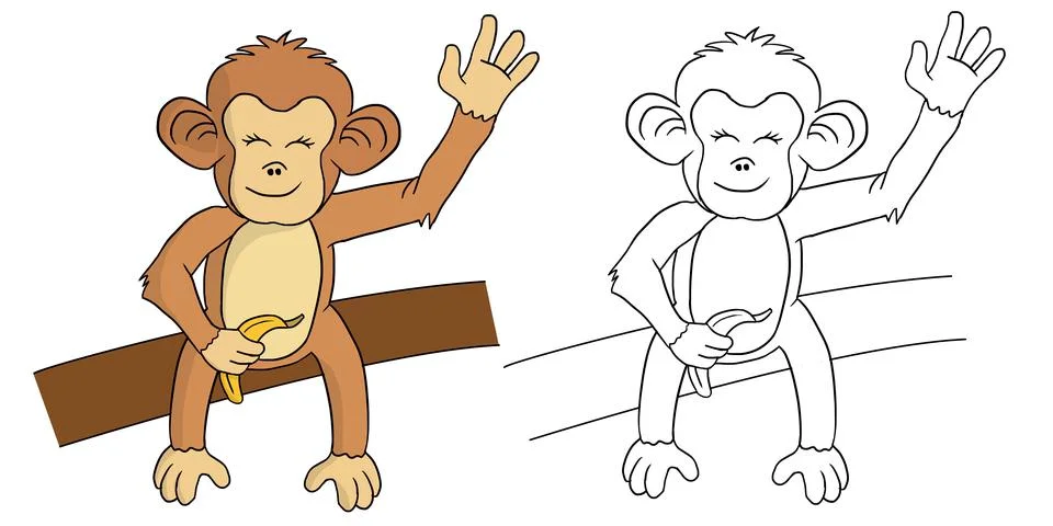 Hand drawn cute Monkey Animal holding a Banana Stock Illustration