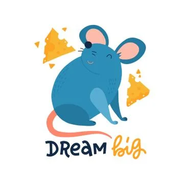 Hand drawn cute Mouse with cheese slices isolated on white background. Cartoon Ilustração Stock