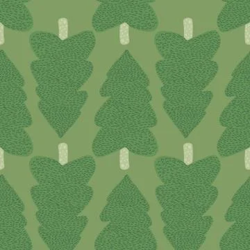 Hand drawn cute pine tree seamless pattern isolated on green background. Fir  Stock Illustration