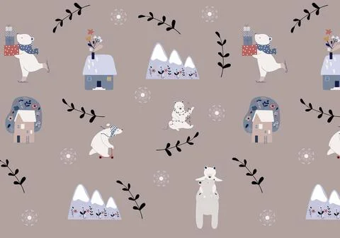 Hand drawn cute polar bears. Merry Christmas seamless pattern. Stock Illustration