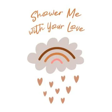 Hand drawn cute rainbow into cloud Funny quote Hearts raining Rainbow print f Stock Illustration