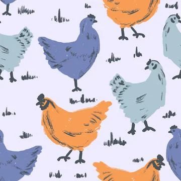 Hand drawn cute seamless pattern orange blue hen chicken on pastel background Stock Illustration