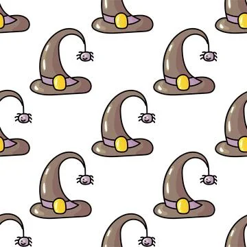 Hand drawn cute seamless pattern with cartoon Witch Hat and spider in doodle Stock Illustration