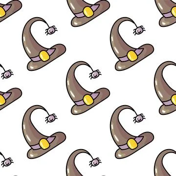 Hand drawn cute seamless pattern with cartoon Witch Hat and spider in doodle Stock Illustration