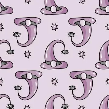 Hand drawn cute seamless pattern with cartoon Witch Hat and spider in doodle Stock Illustration