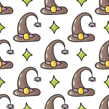 Hand drawn cute seamless pattern with cartoon Witch Hat and spider in doodle Stock Illustration