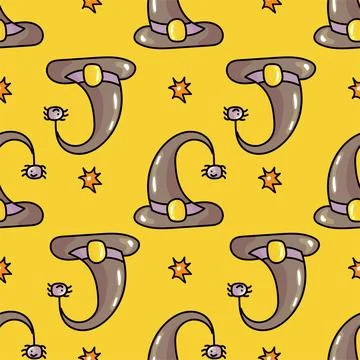 Hand drawn cute seamless pattern with cartoon Witch Hat and spider in doodle Stock Illustration
