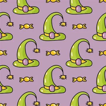 Hand drawn cute seamless pattern with cartoon Witch Hat and spider in doodle Stock Illustration