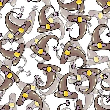 Hand drawn cute seamless pattern with cartoon Witch Hat and spider in doodle Stock Illustration