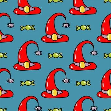 Hand drawn cute seamless pattern with cartoon Witch Hat and spider in doodle Stock Illustration
