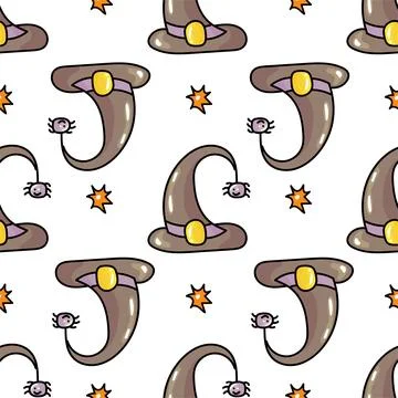 Hand drawn cute seamless pattern with cartoon Witch Hat and spider in doodle Stock Illustration