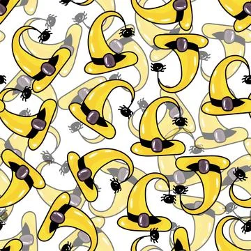 Hand drawn cute seamless pattern with cartoon Witch Hat and spider in doodle Stock Illustration