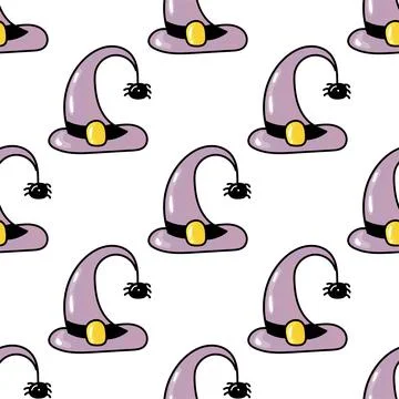 Hand drawn cute seamless pattern with cartoon Witch Hat and spider in doodle Stock Illustration