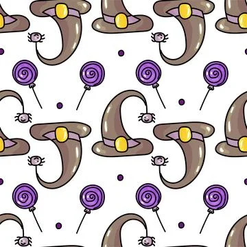 Hand drawn cute seamless pattern with cartoon Witch Hat and spider in doodle 스톡 일러스트