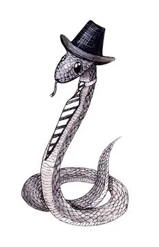 Hand drawn cute snake black and white children cartoon ink illustration in a hat Stock Illustration