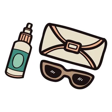 Hand Drawn cute Sunscreen and glasses in doodle style Stock Illustration