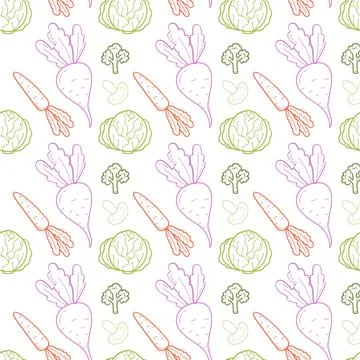 Hand Drawn Cute Vegetable Seamless Pattern with Carrot, Cabbage and Radish Stock Illustration