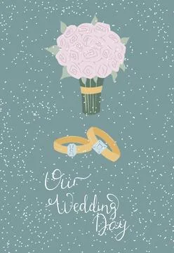 Hand drawn cute wedding invitations with bouquet of flowers and rings. Stock Illustration