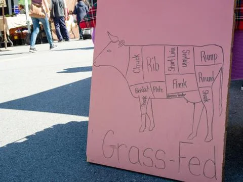 Hand drawn cuts of beef chart on grass fed posted sign outdoors at market Foto stock