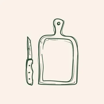 Hand Drawn Cutting Board and Knife Vector Stock Illustration